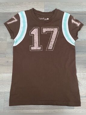 Vintage Y2K Old Navy Brown Graphic Baby Tee Football Jersey Short Sleeve Crewnec